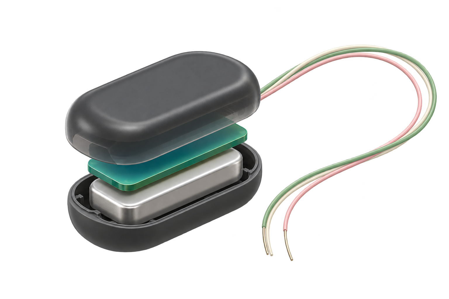 Conceptual 3D implant structure with enclosure, electronics and flexible leads