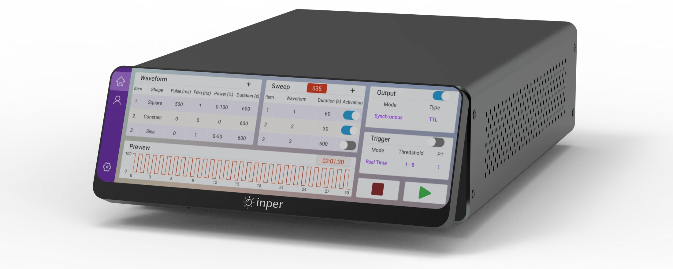 Front product render of the Inper Venus touch-screen optogenetics unit
