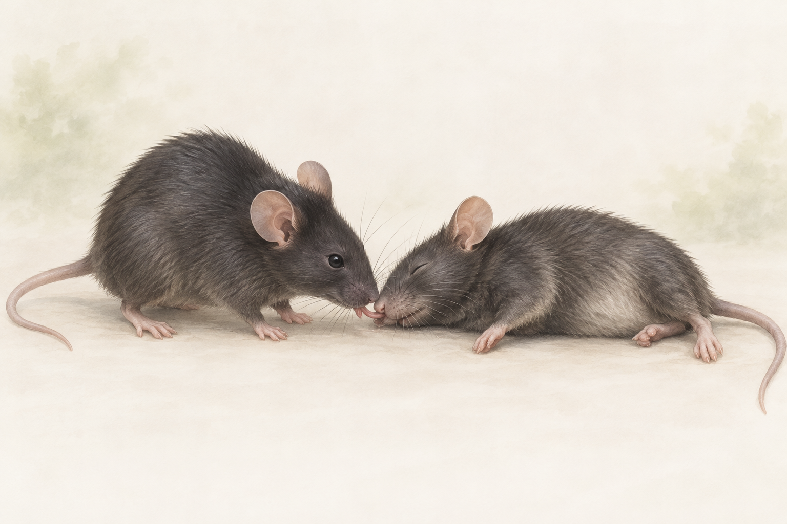 Scientific illustration: an awake mouse interacts with an anesthetized companion