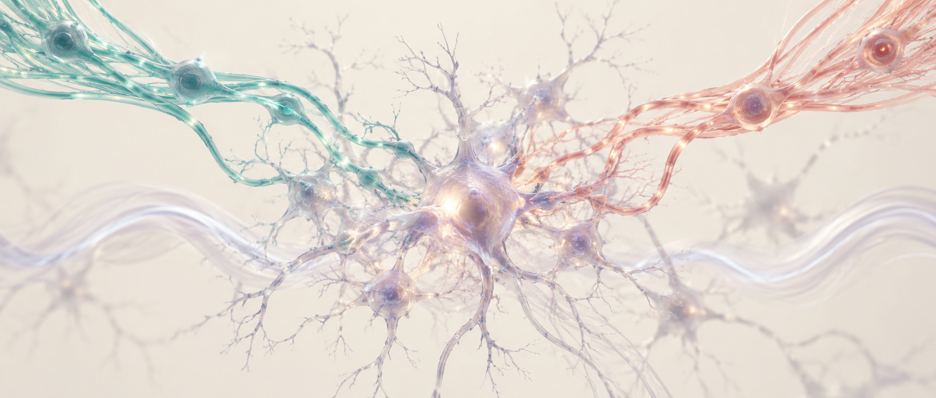 AI concept illustration: two colored neural inputs converge on a respiratory-modulation network