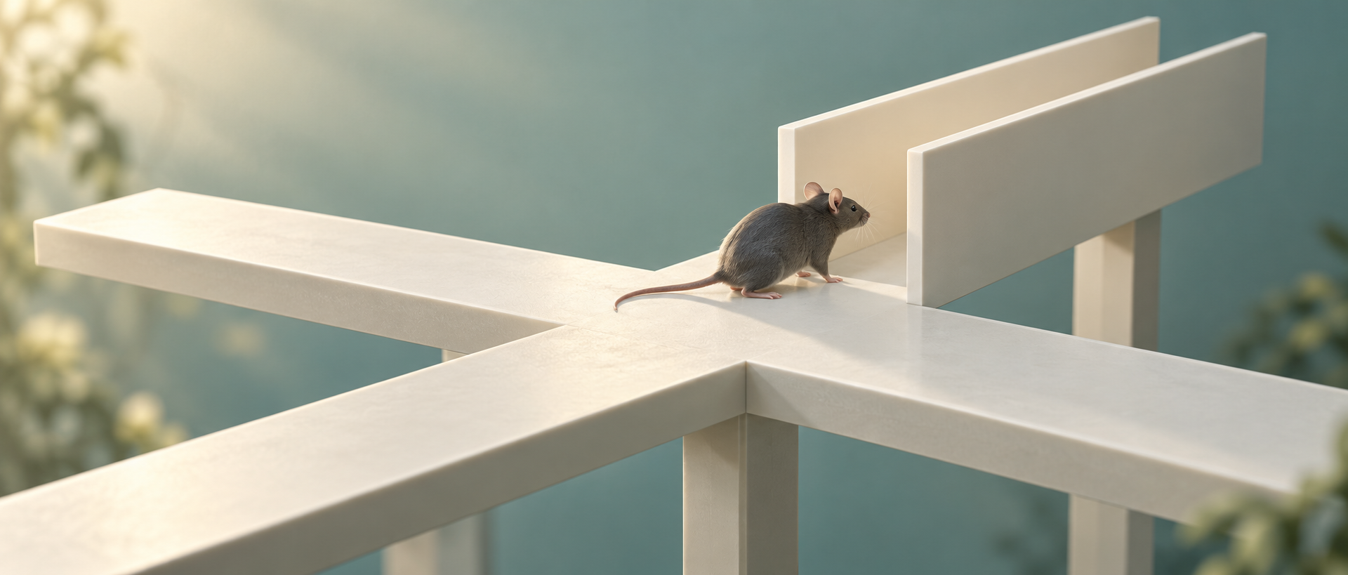 AI concept illustration: a mouse at the junction of exposed and walled elevated-maze passages