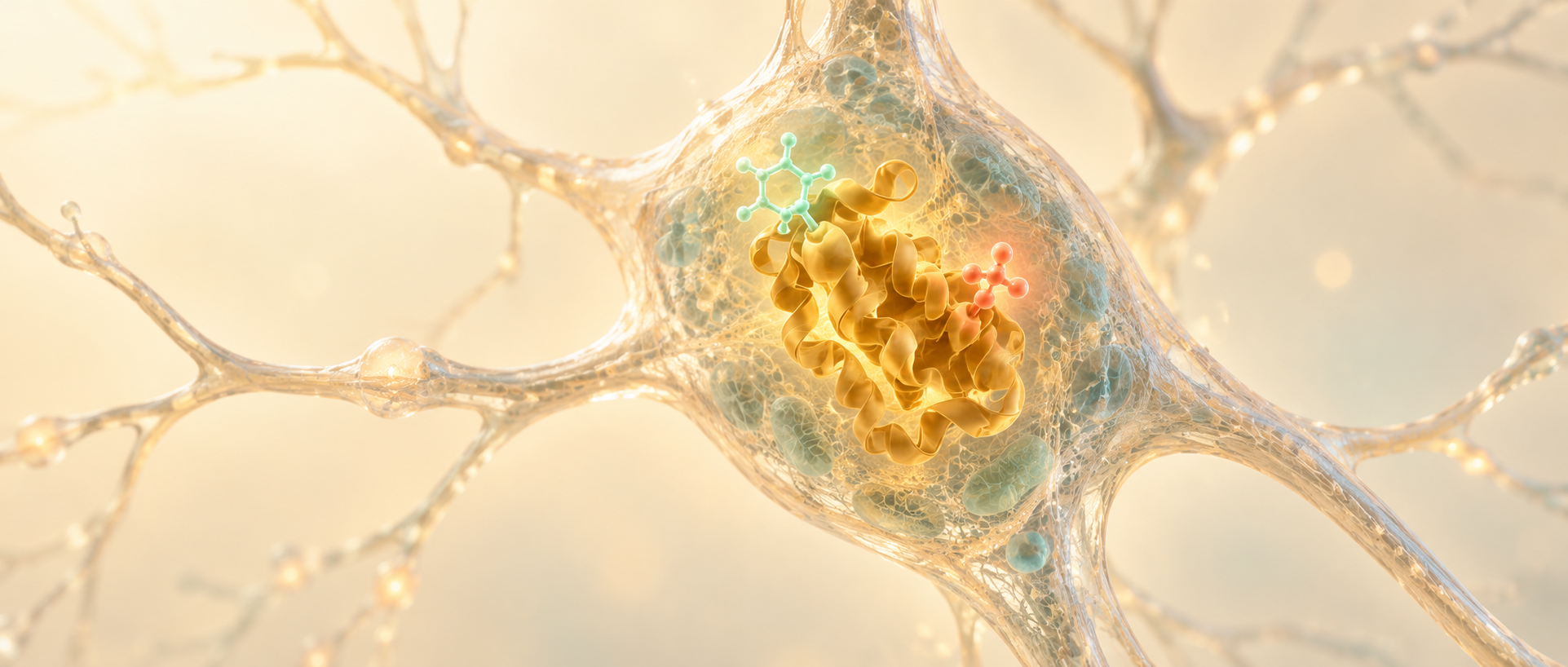 AI concept illustration: sugar and phosphorylation marks on a neuronal protein, representing molecular counterbalance during stress