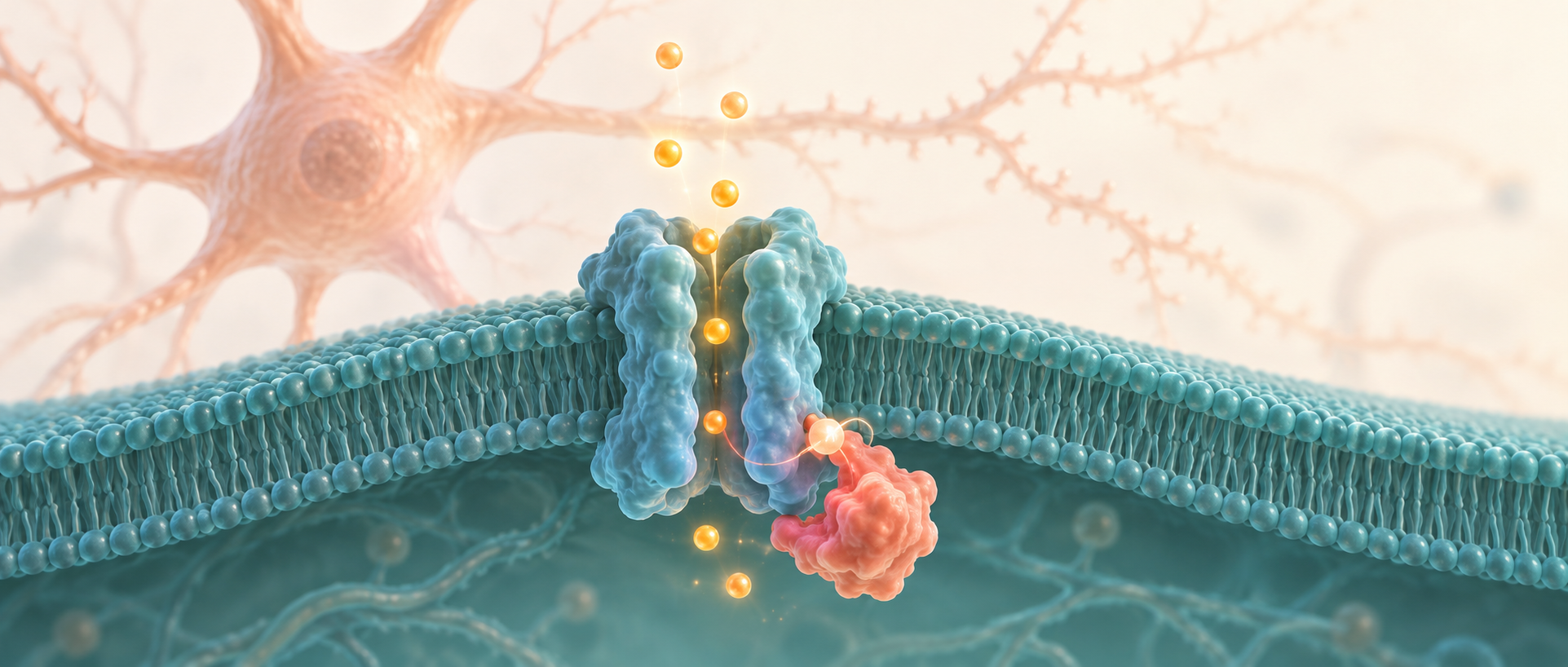 AI conceptual illustration: intracellular signaling modulates a neuronal membrane potassium channel