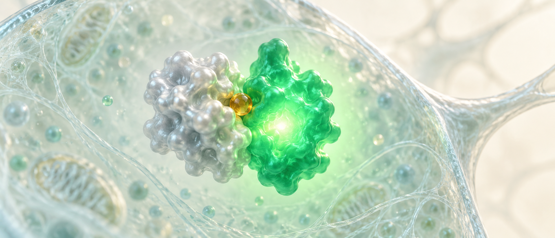 AI conceptual illustration: intracellular adenosine binds a green fluorescent sensor