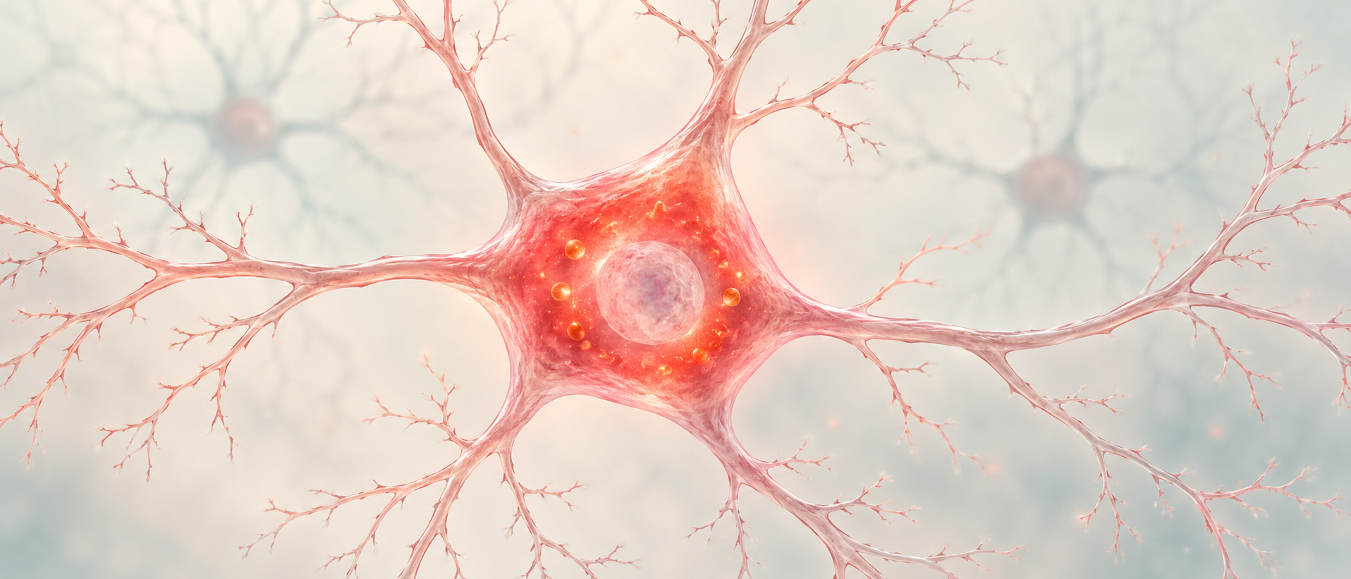 AI conceptual illustration: red calcium signals concentrated in a neuronal soma
