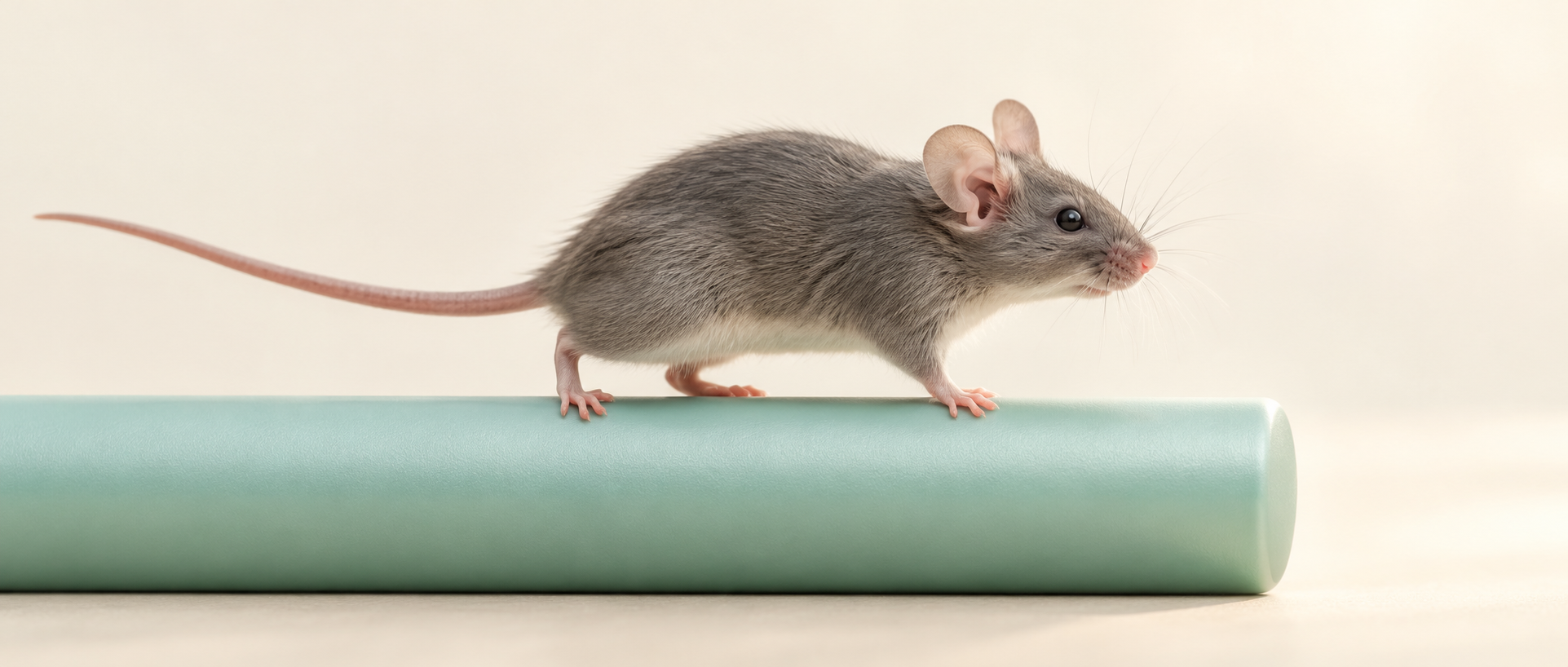 AI conceptual illustration: a mouse balancing on a cylindrical surface