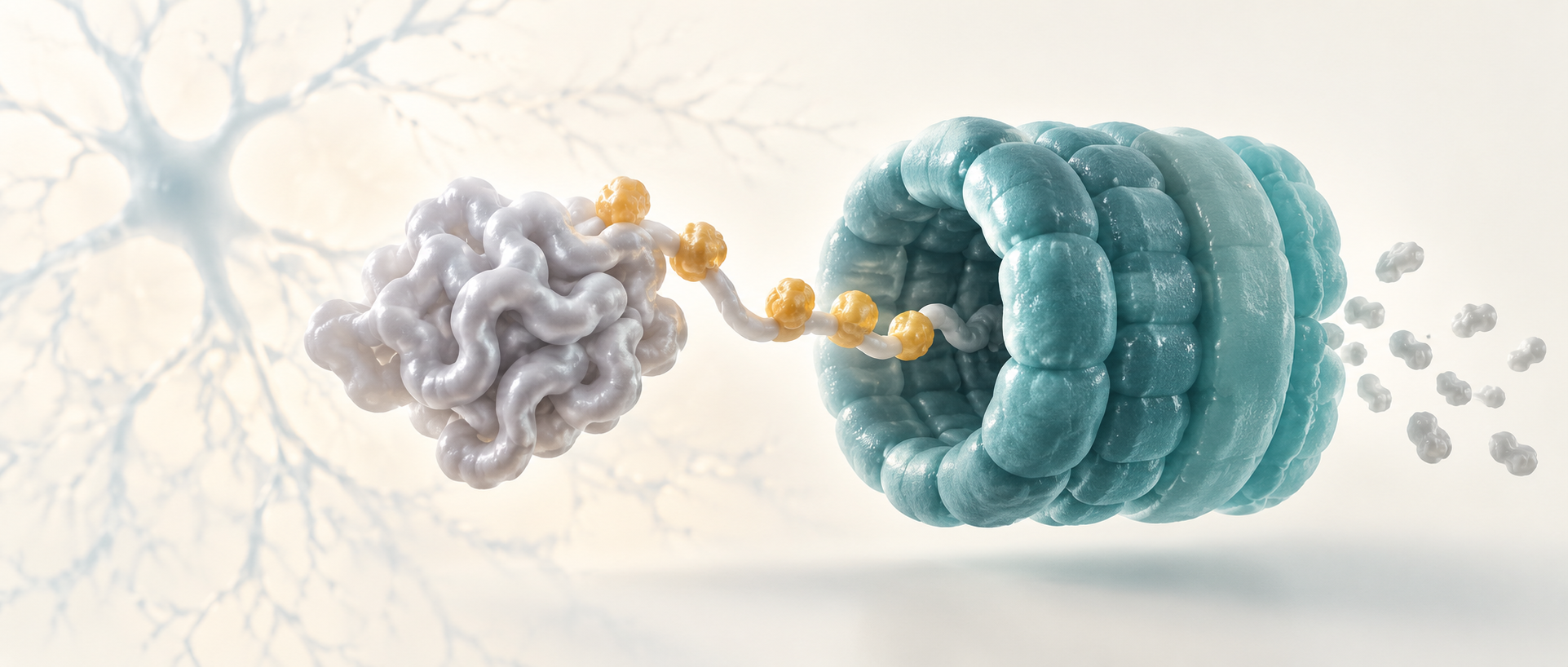 AI conceptual illustration: ubiquitin-tagged protein and proteasomal degradation
