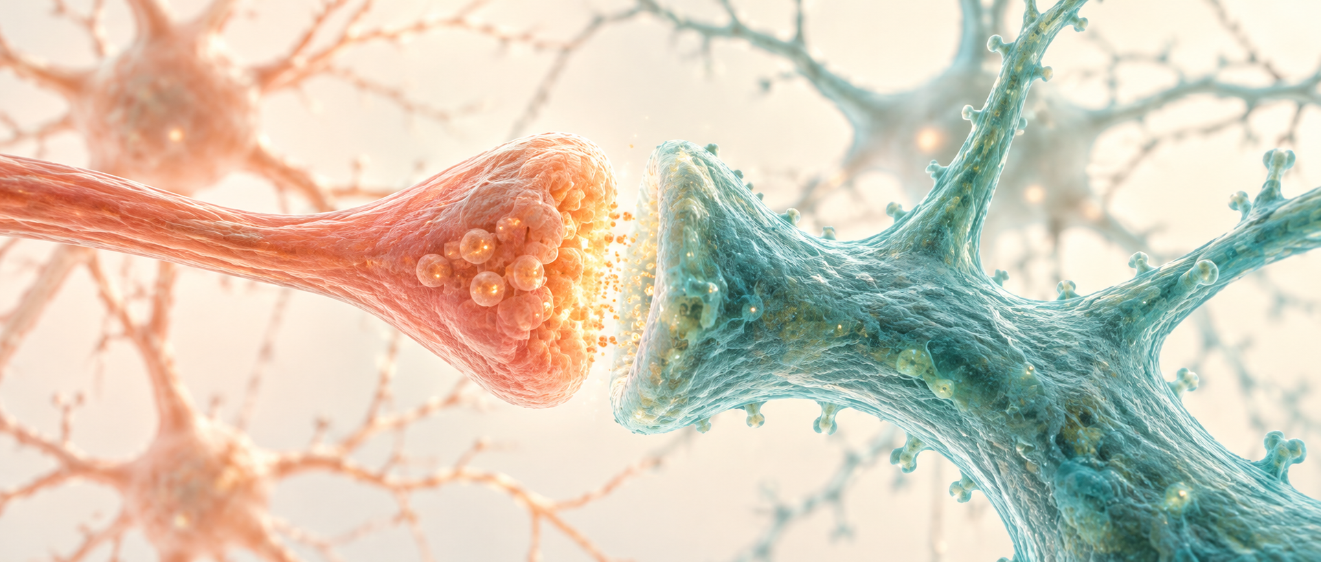AI conceptual illustration: an excitatory synaptic connection between neurons