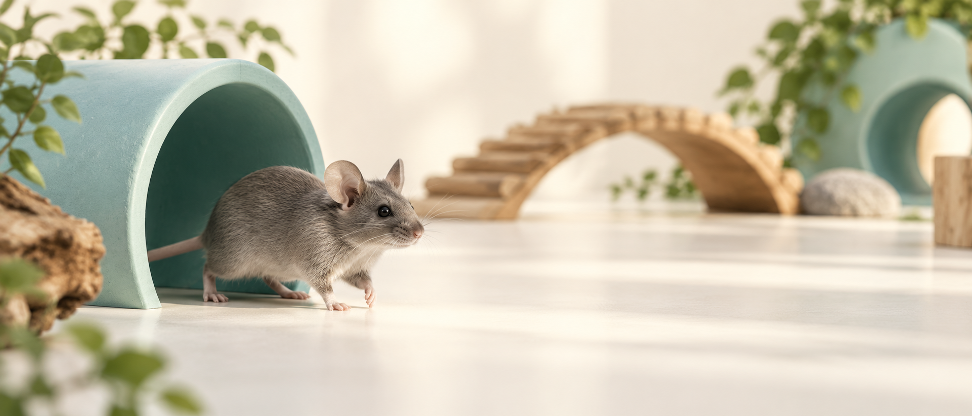 AI conceptual illustration: a mouse exploring an enriched environment
