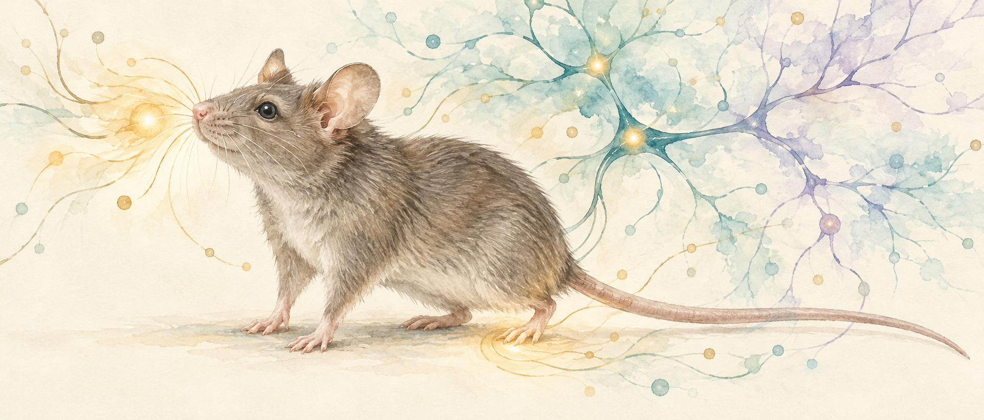 AI concept illustration of mouse facial and hind-paw sensation with an abstract neural network, not an anatomical map or experimental data
