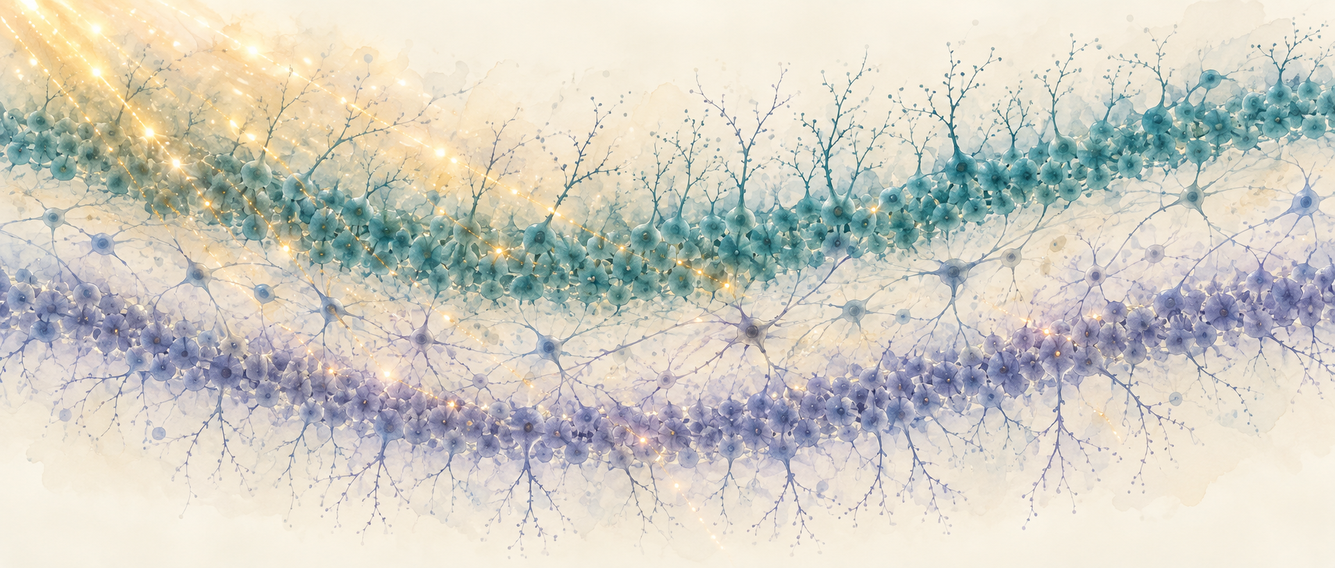 AI concept illustration of light interacting with dense neuronal layers, not anatomy, optical measurements or experimental data