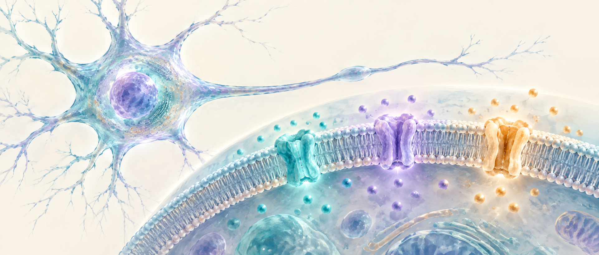 AI concept illustration of a neuron and different membrane ion channels, not voltage measurements or precise molecular structures