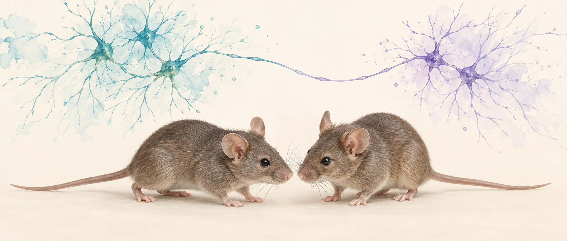 AI concept illustration of social approach between mice and an abstract neuronal output pathway, not brain anatomy or experimental data