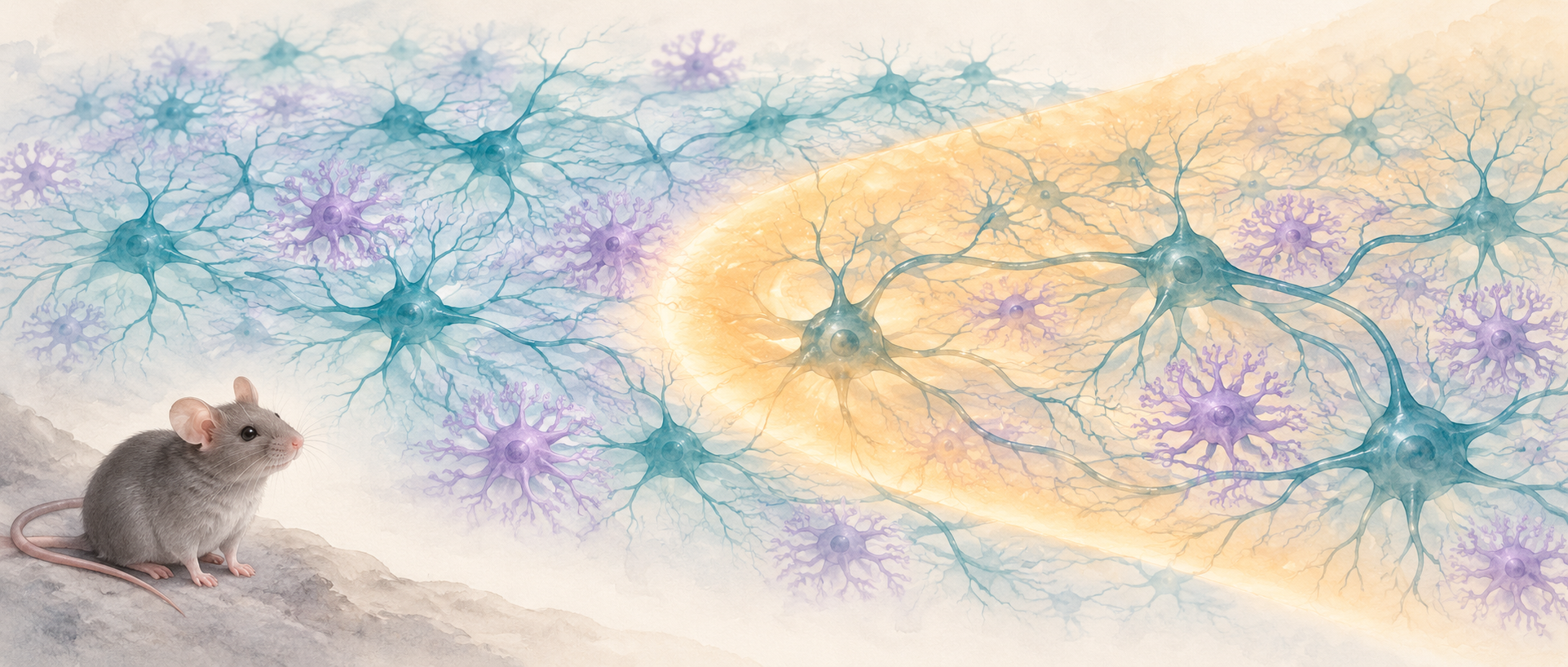 AI concept illustration of a spreading wave in a cellular network and a mouse research context, not anatomy, blood-flow recordings or experimental data