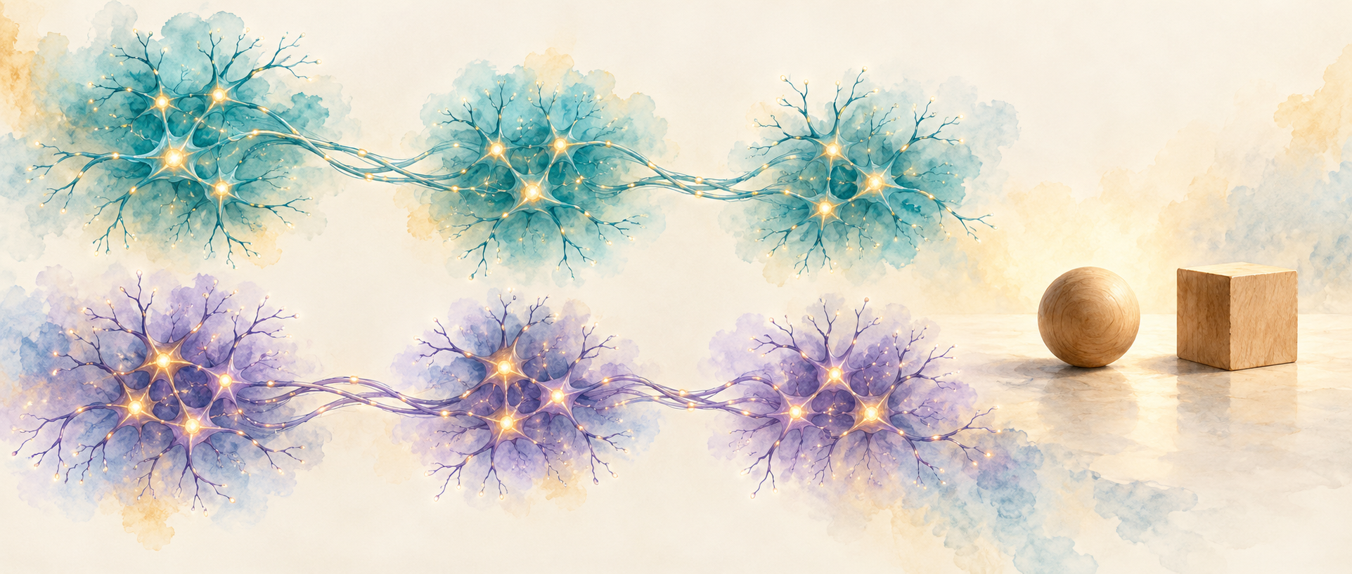 AI concept illustration of two independent neuronal routes and object/place recognition, not actual anatomy or experimental data