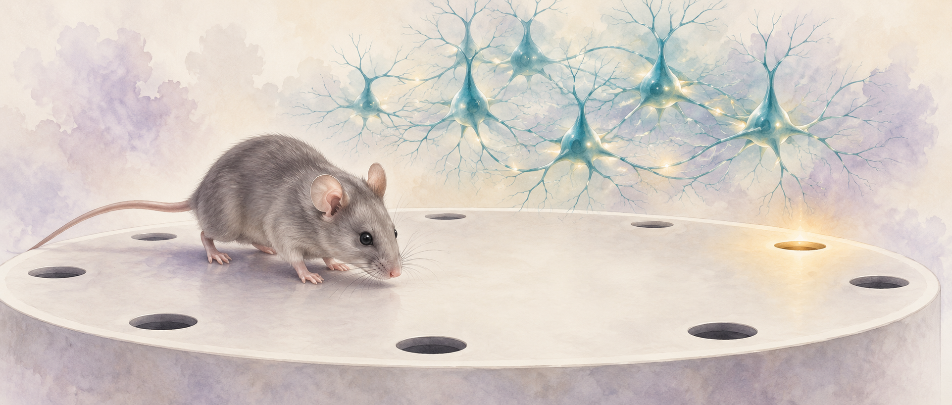 AI concept illustration of a mouse exploring a changed exit location and an abstract neural network, not experimental data, anatomy or maze instructions