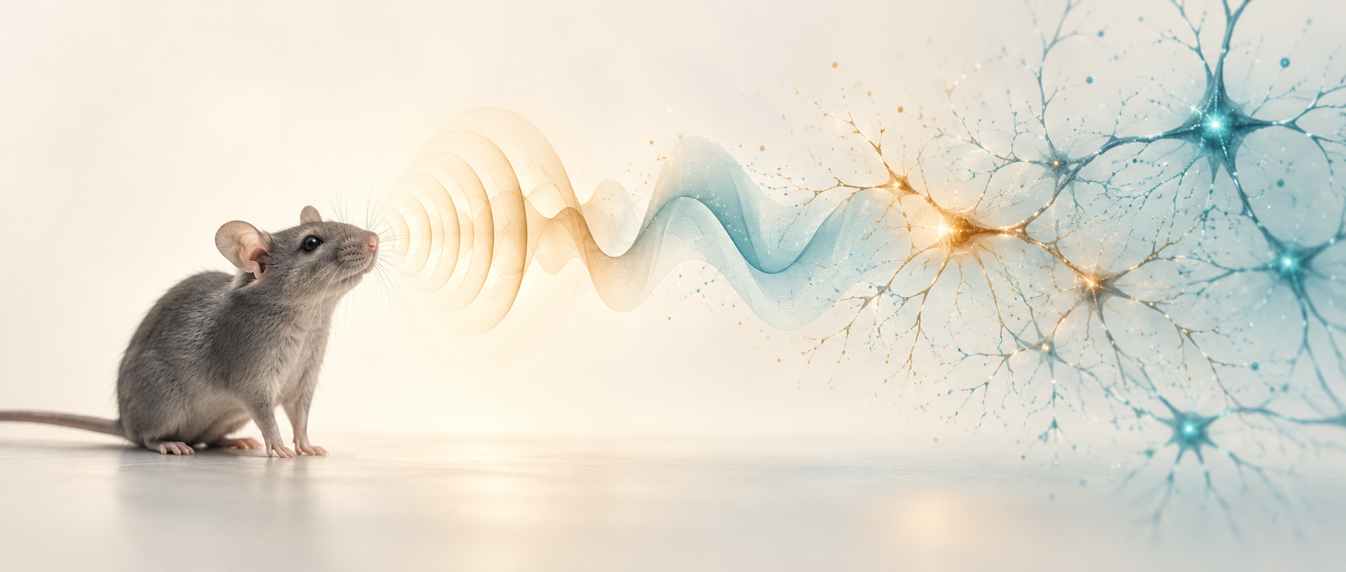 AI concept: a listening mouse and abstract feedback-related neural updating; not an experimental scene or a map of actual connections