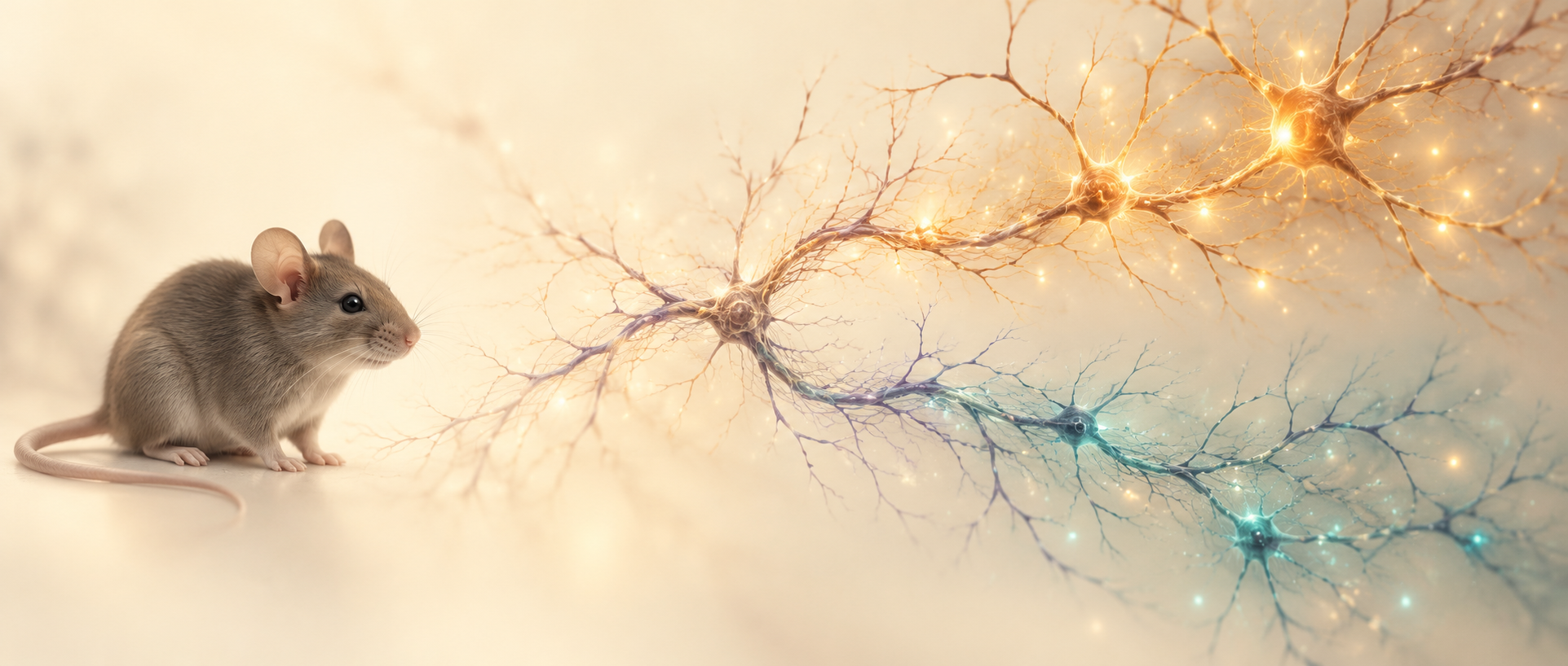 AI concept: a mouse and abstract neural branches with different activity, suggesting distinct sensory and affect-related contributions; not an anatomical circuit map
