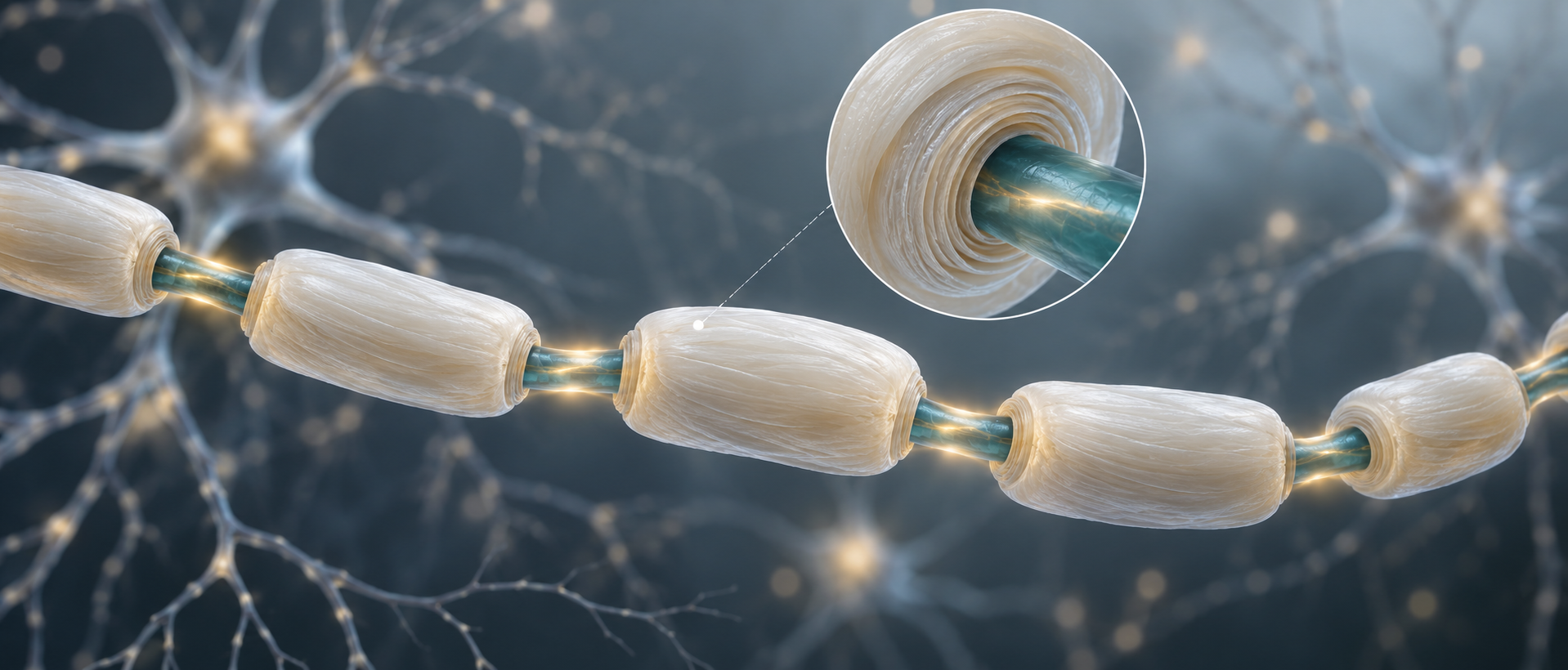 AI concept illustration of an axon, segmented myelin and neural signaling, not an actual micrograph or experimental data