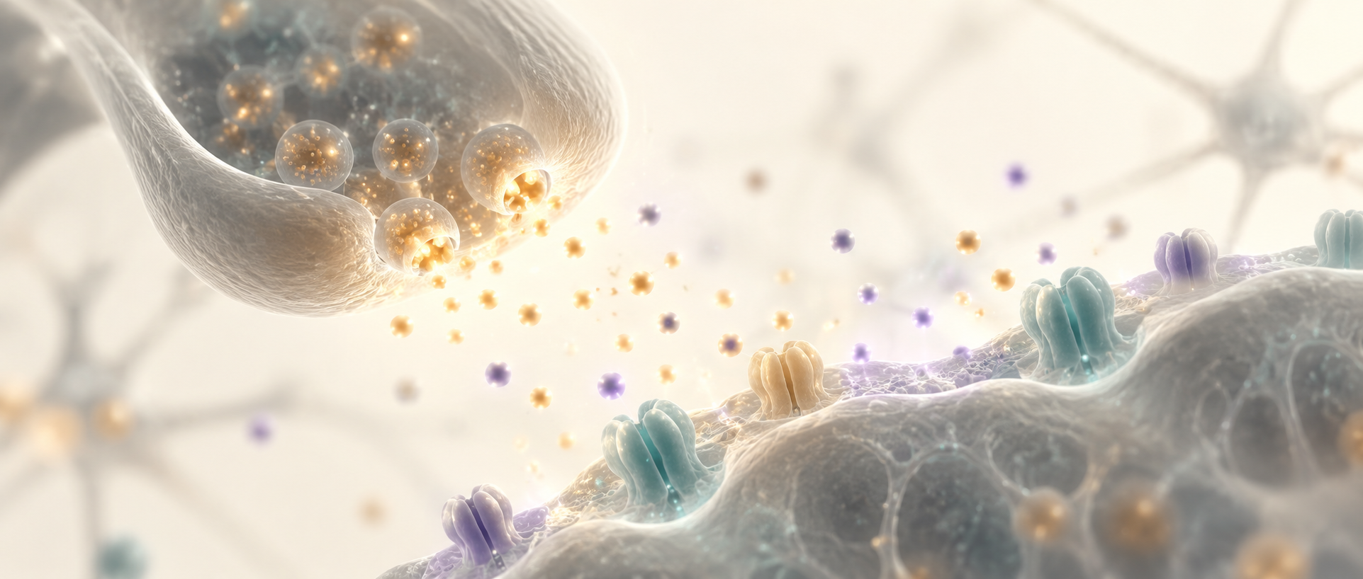 AI concept: an abstract synapse, signaling particles and membrane channels in the cellular setting of reward research; not actual TRPA1/DAT structures or binding locations