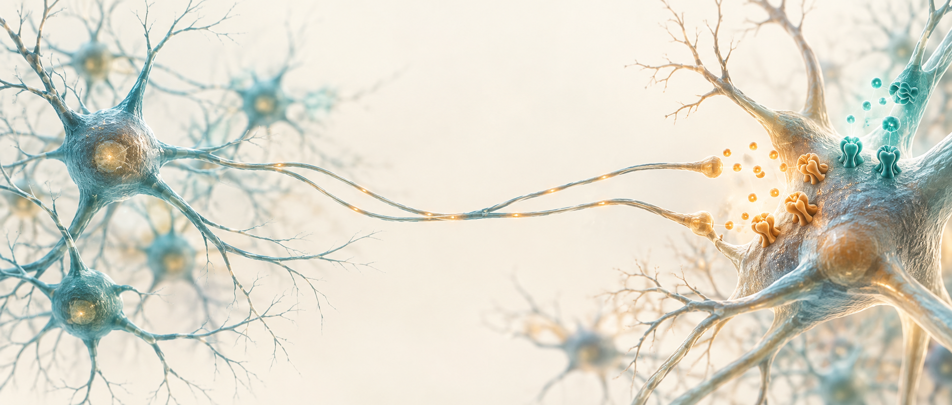 AI concept illustration of dopamine- and growth-factor-related signaling between neurons, not experimental imagery or exact molecular structures.