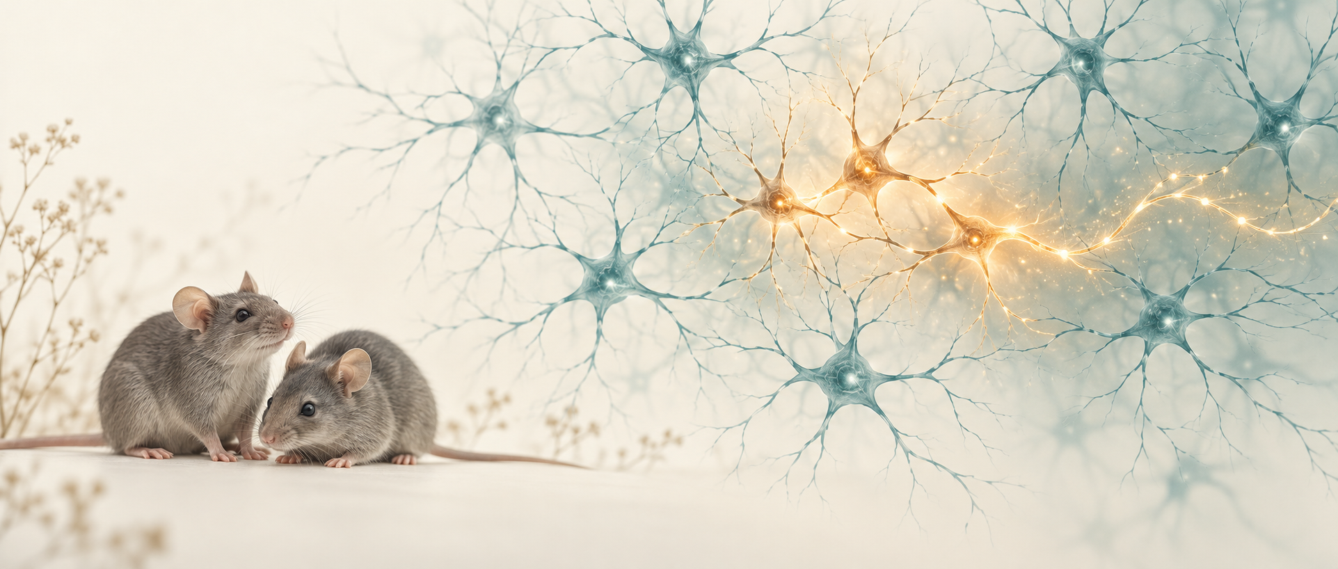 AI concept: two naturally posed mice and persistent glows in an abstract neural network, suggesting stress-response timing; not actual anatomy, cellular structure or measured traces