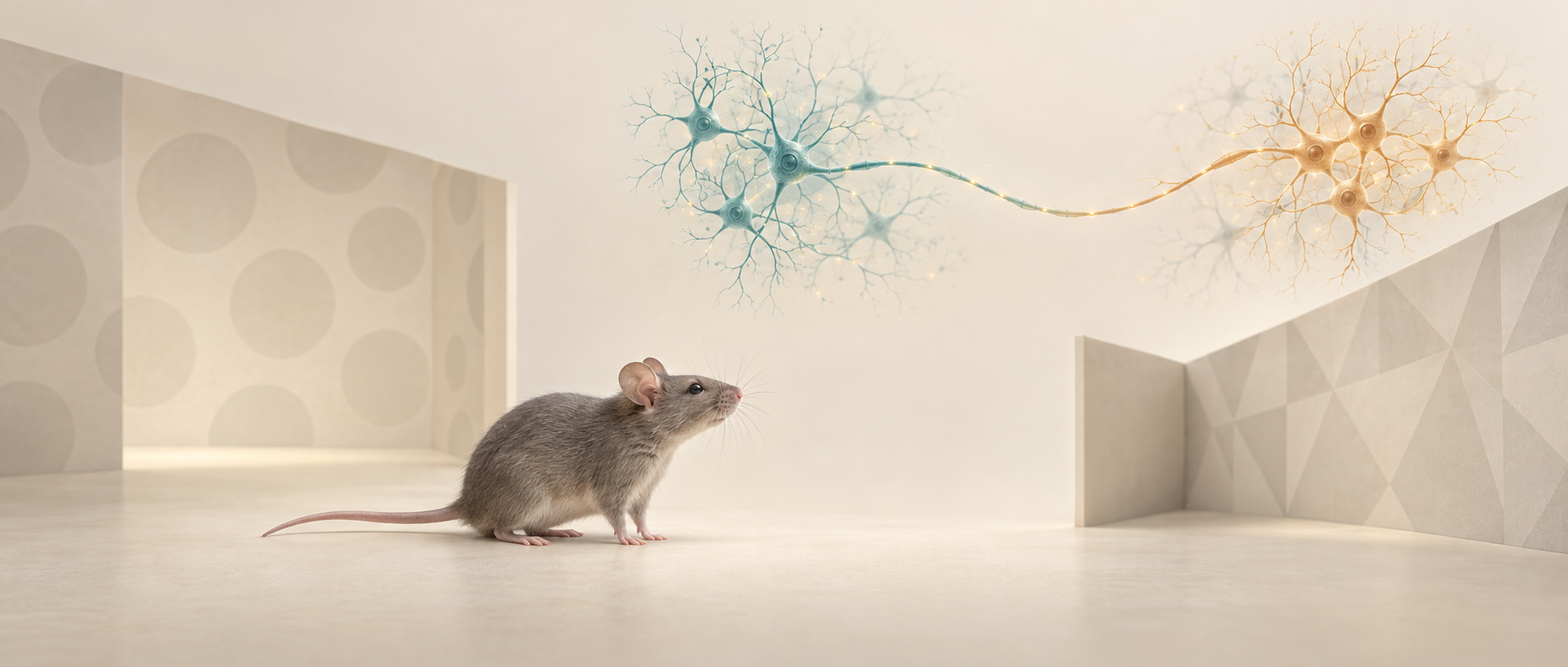 AI concept illustration of a mouse encountering different contextual cues, with an abstract memory-related cellular connection above; not the actual apparatus or an anatomical circuit map.
