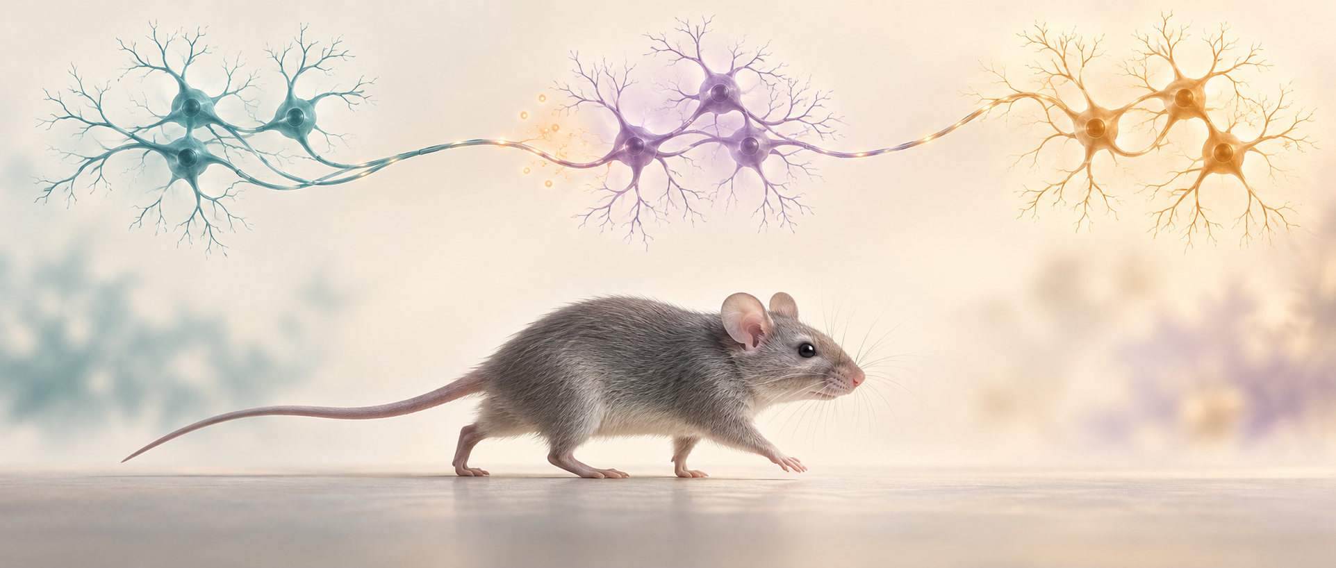 AI concept illustration of a moving mouse and three independently depicted abstract neuronal clusters, suggesting movement-associated ascending signaling; not experimental imagery or anatomical localization.