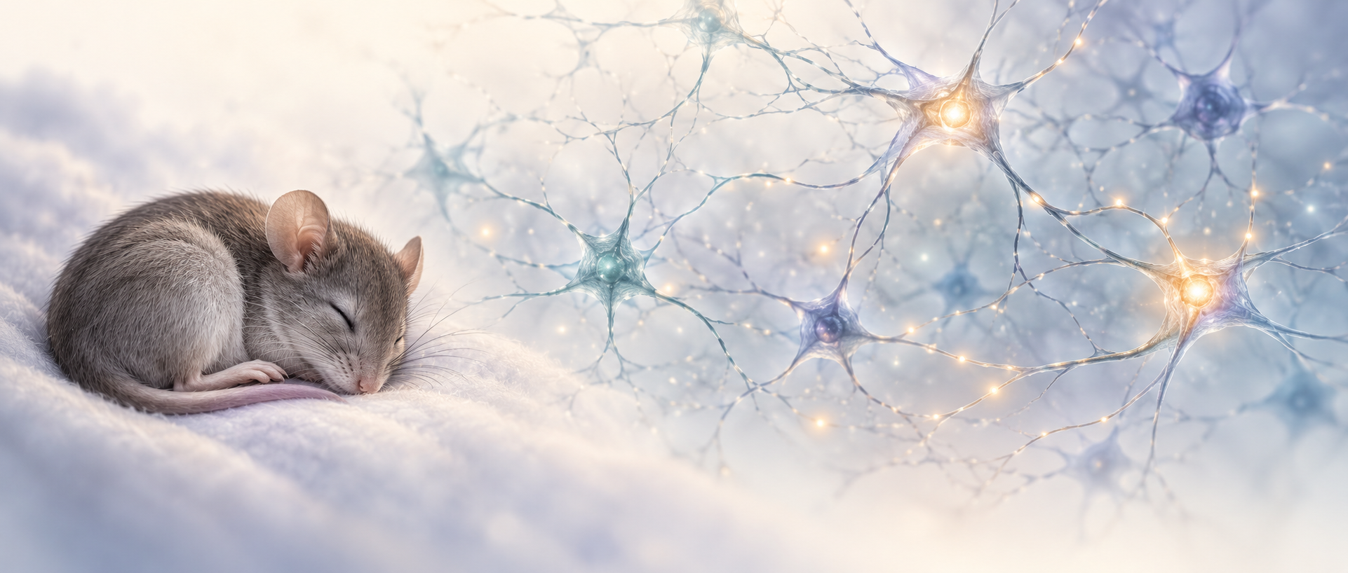 AI concept: a sleeping mouse with gentle activity in an abstract neural network, suggesting sleep-timing research; not an actual REM recording or anatomical orexin–SLD map