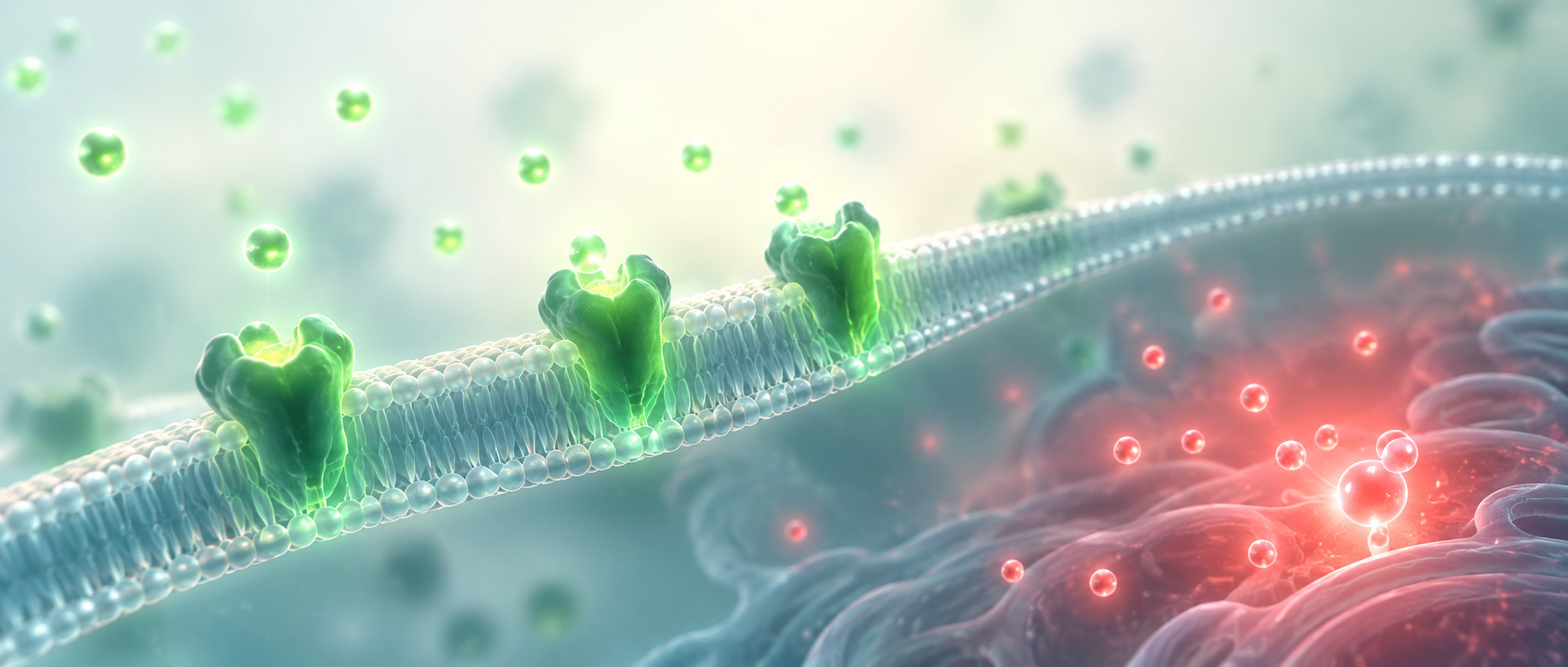 AI concept: green transmitter observation at a membrane and a red intracellular signal, suggesting dual-color recording; not an actual molecular structure, concentration map or experimental data