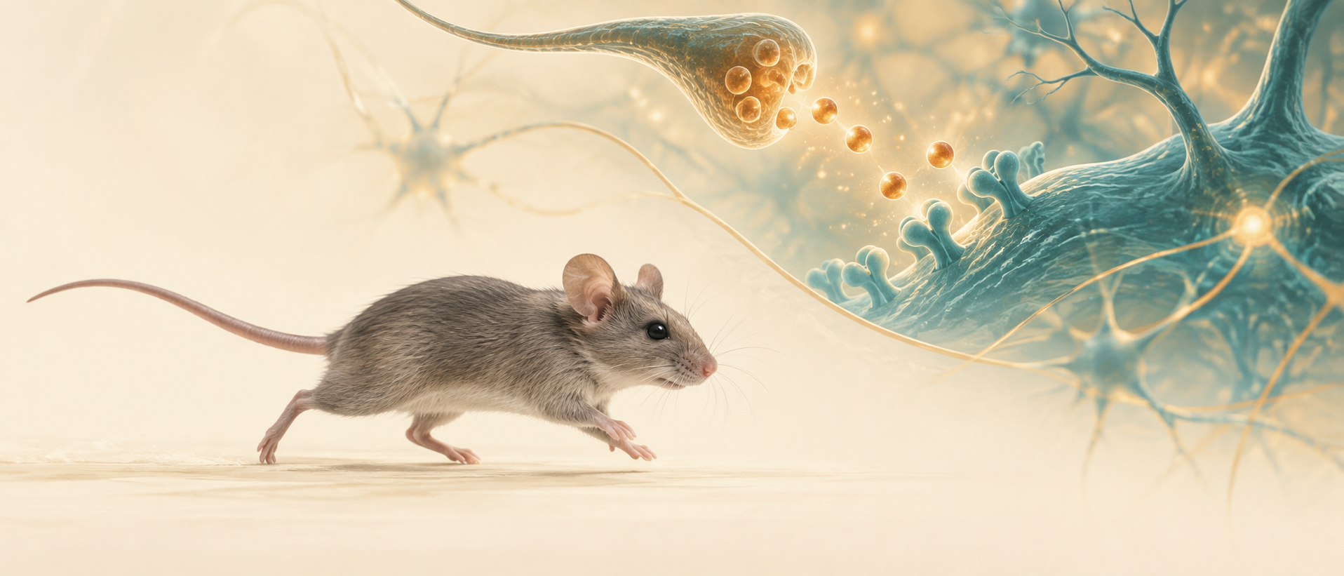 AI concept illustration of an alert moving mouse and independently depicted histamine-related signaling with abstract receptors, not experimental imagery or exact molecular structures.