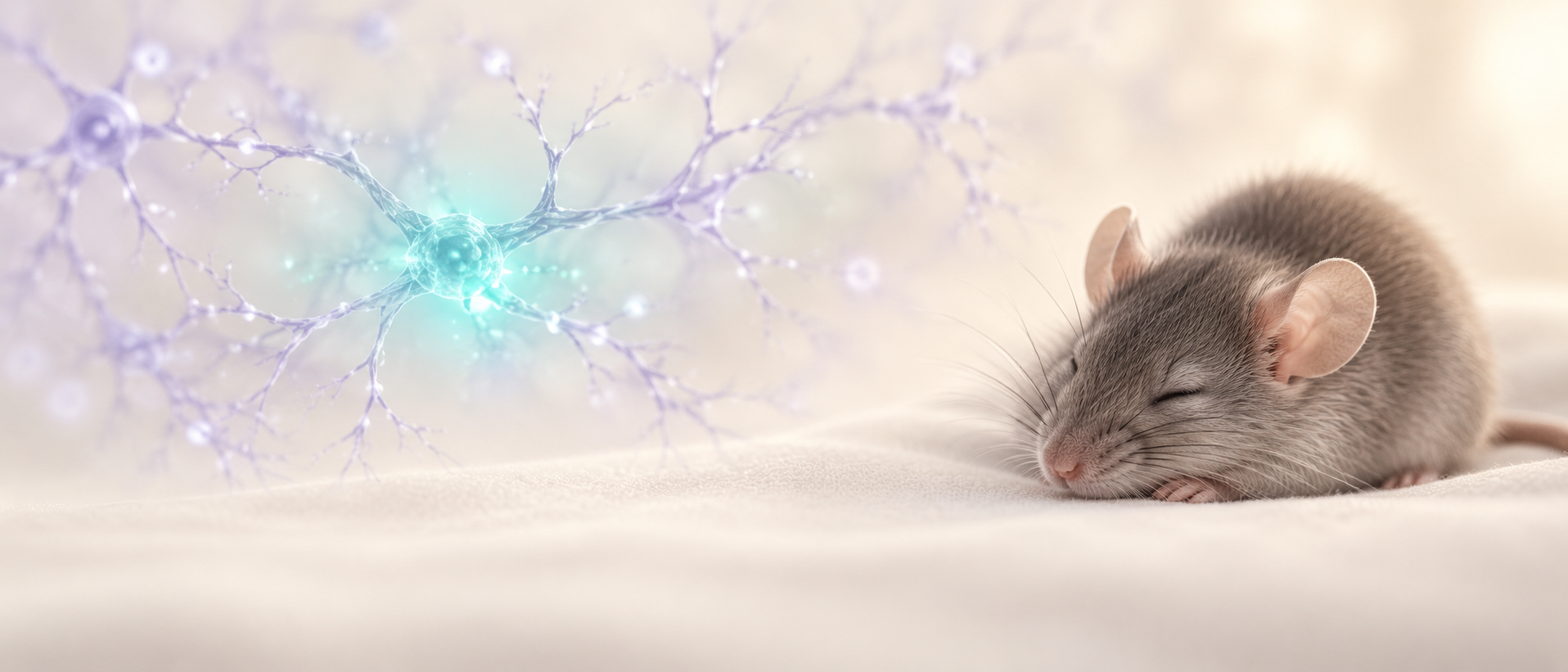 AI concept illustration: a resting mouse and a softly glowing neural network, suggesting arousal restraint and sleep; not an actual anatomical circuit or experimental data