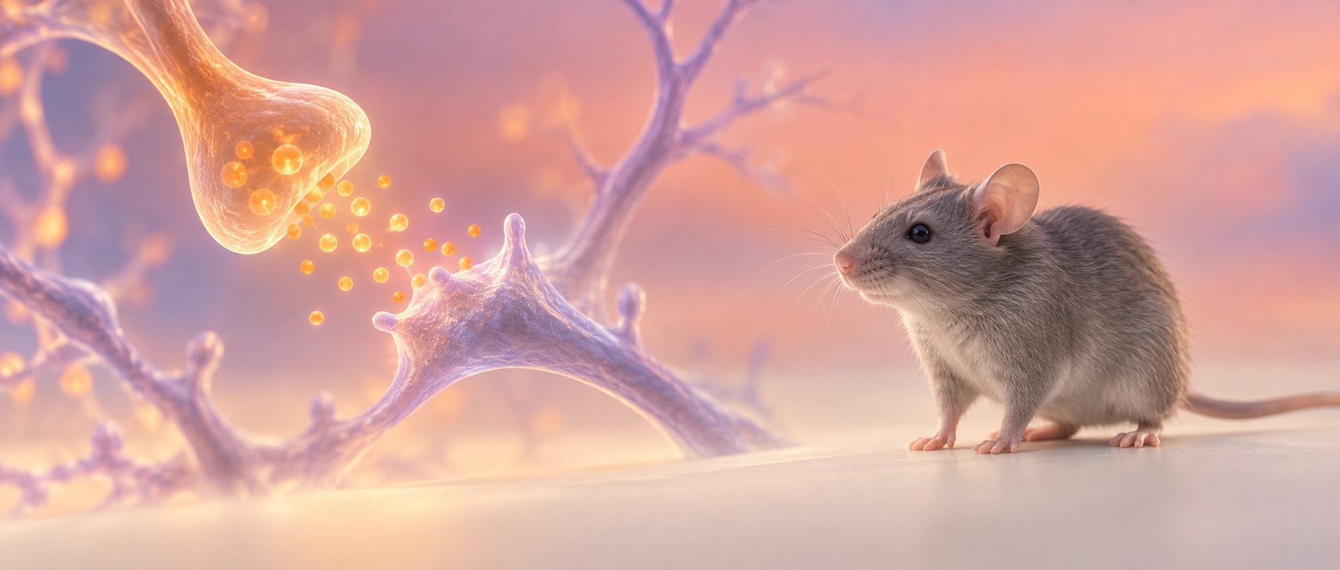 AI concept illustration: a mouse and generic neuropeptide signaling, suggesting orexin and reward-related behavior; not actual molecular structures, anatomical circuitry or experimental data
