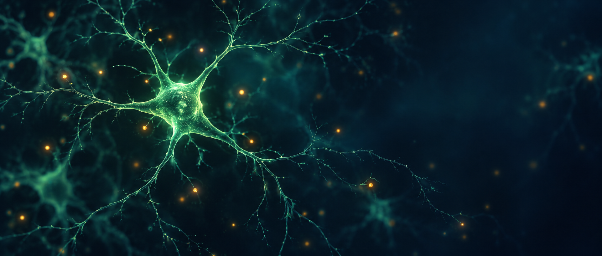 AI concept illustration: a green fluorescent cell silhouette and abstract peptide signals, suggesting neuropeptide observation; not actual protein structures, molecular distributions or experimental data