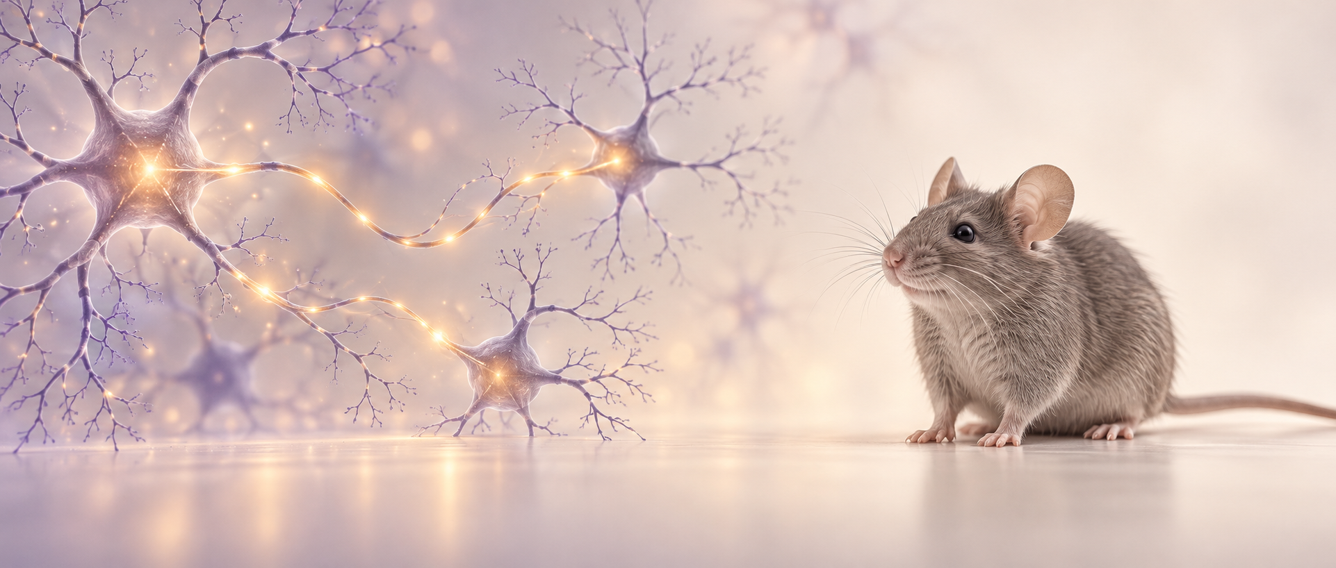 AI concept illustration: a mouse and generic neural signaling, suggesting regulation of pain- and reward-related behavior; not actual anatomical connections, experimental data or a treatment effect