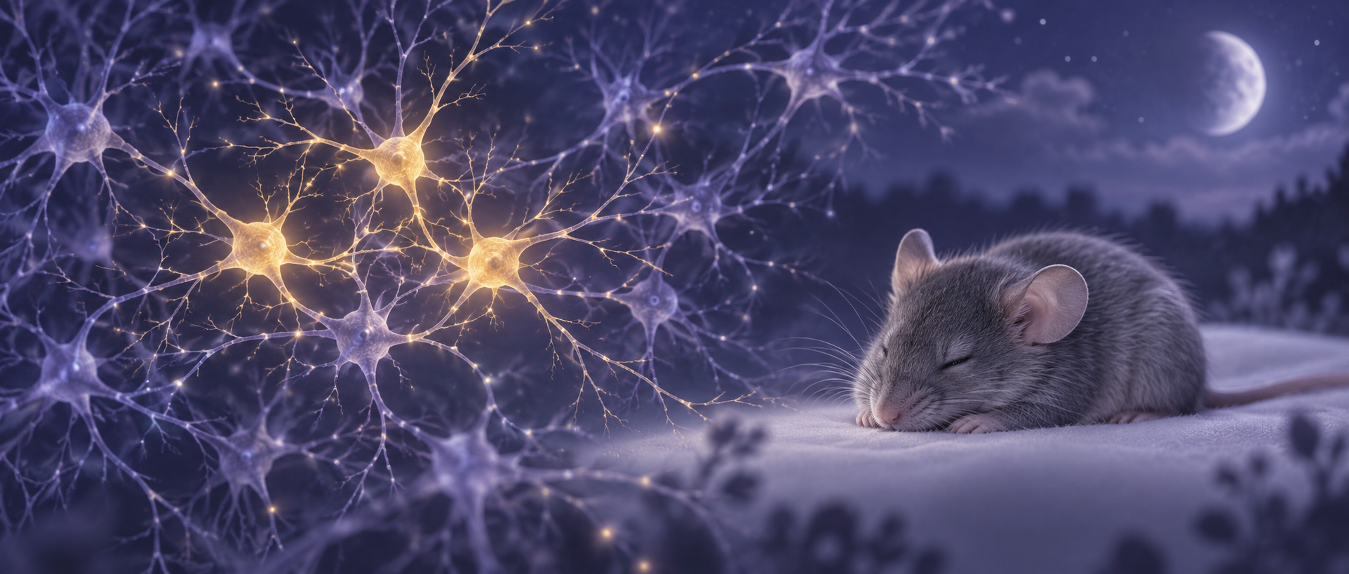 AI concept illustration: a resting mouse and partly highlighted cellular network, suggesting a shared ensemble and sleep; not actual anatomy, cell proportions, experimental data or a treatment effect