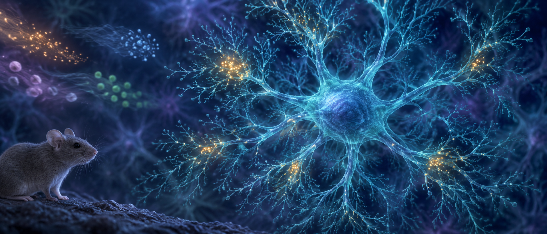 AI concept illustration: a mouse and an astrocyte symbolizing dynamic calcium responses; not an experimental image or anatomical map