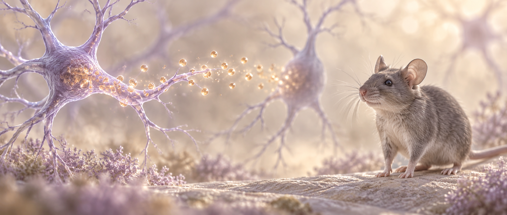 AI concept illustration: an alert mouse and abstract neuropeptide signaling, suggesting an oxytocin-related pathway and avoidance behavior; not actual anatomy, peptide-release locations, data or a treatment effect