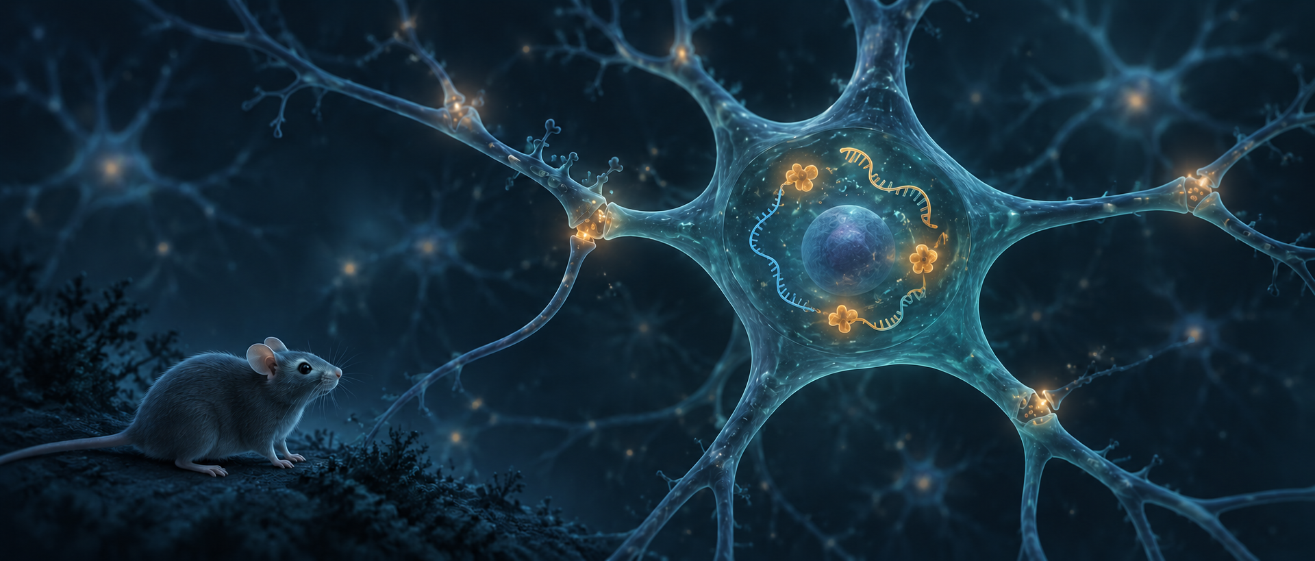 AI concept illustration: a mouse and a neuron symbolizing intracellular RNA regulation; not an experimental image or a proven molecular-pathway diagram