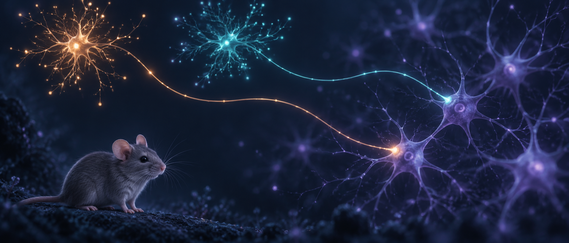 AI concept illustration: a mouse and two separate inputs contacting different recipient cells in a neural network; not an experimental image or an actual circuit map
