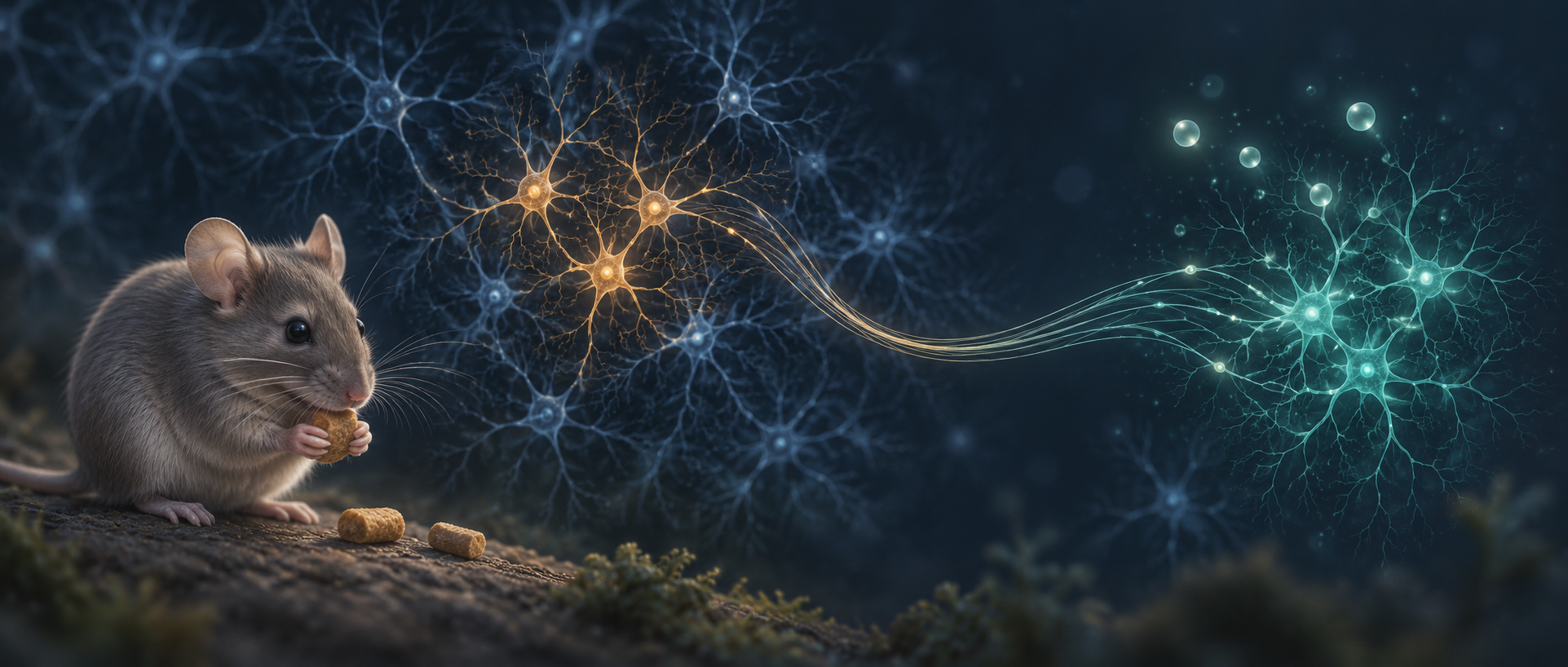 AI concept illustration: a feeding mouse, a small neural population and a recipient network symbolizing hormonal regulation; not an experimental image or actual circuit map