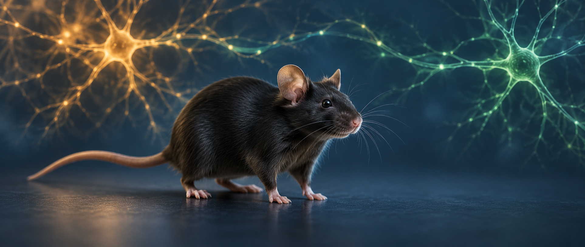 AI concept: a healthy mouse and abstract neural connections, not an actual experiment, disease phenotype or anatomical map