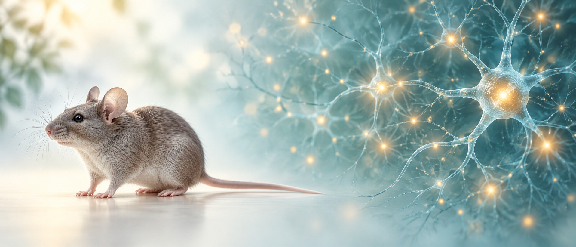 AI science concept: a mouse and a separate abstract neural-activity field; not an actual anatomical circuit, experimental result or therapeutic effect