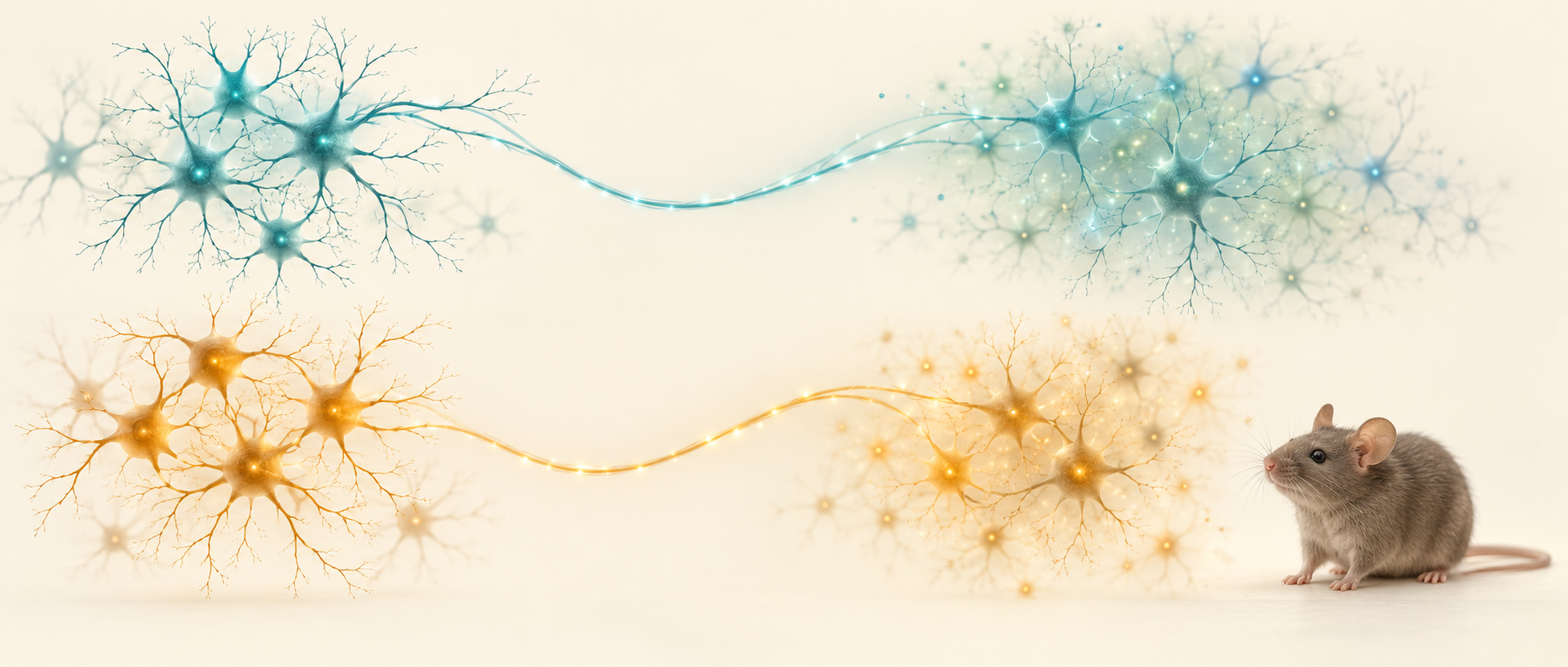 AI concept illustration: two neuronal populations connect to different recipient networks, symbolizing diverse subicular outputs; not an experimental image or anatomical map