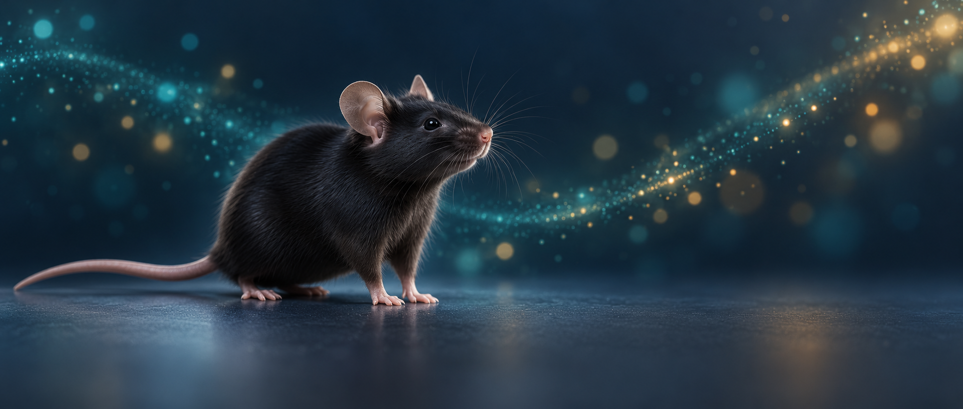AI concept: a healthy mouse and abstract feedback particles, not stomach–brain anatomy, experimental results or an intervention scene