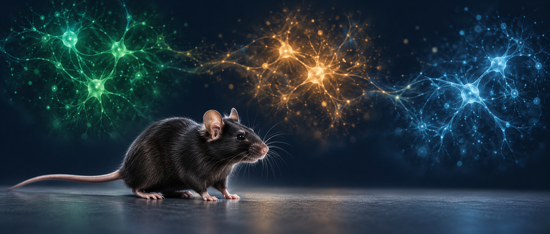 AI concept: a healthy mouse and three abstract neural groups, not actual three-stage anatomy or experimental data