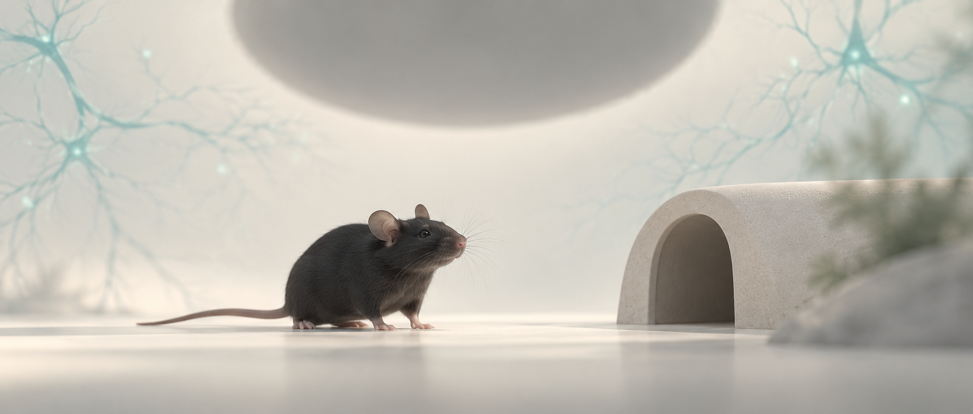 AI concept: a mouse, shelter and overhead visual cue, not an actual setup or evidence of a fear state