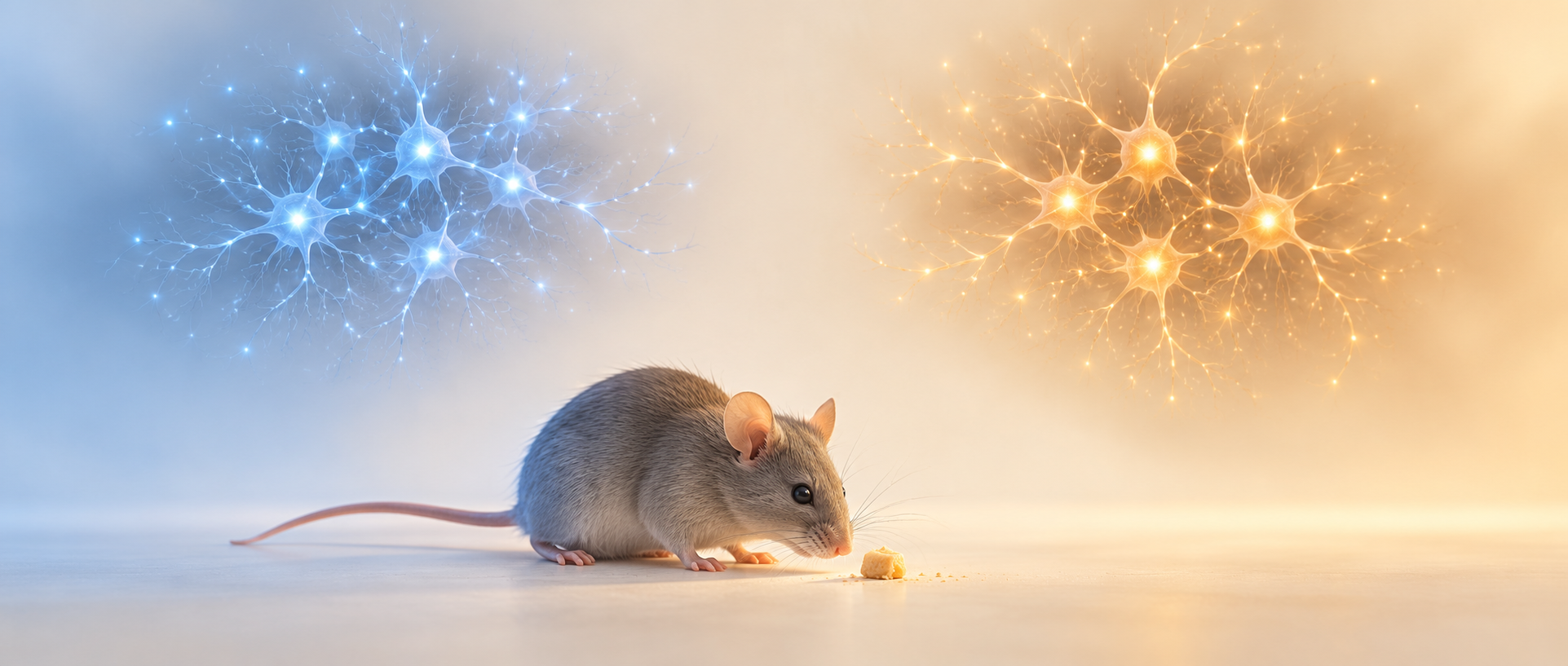 AI concept illustration: a mouse approaching food, cool and warm ambient light and two abstract neuronal groups; not an experimental image or an actual circuit map