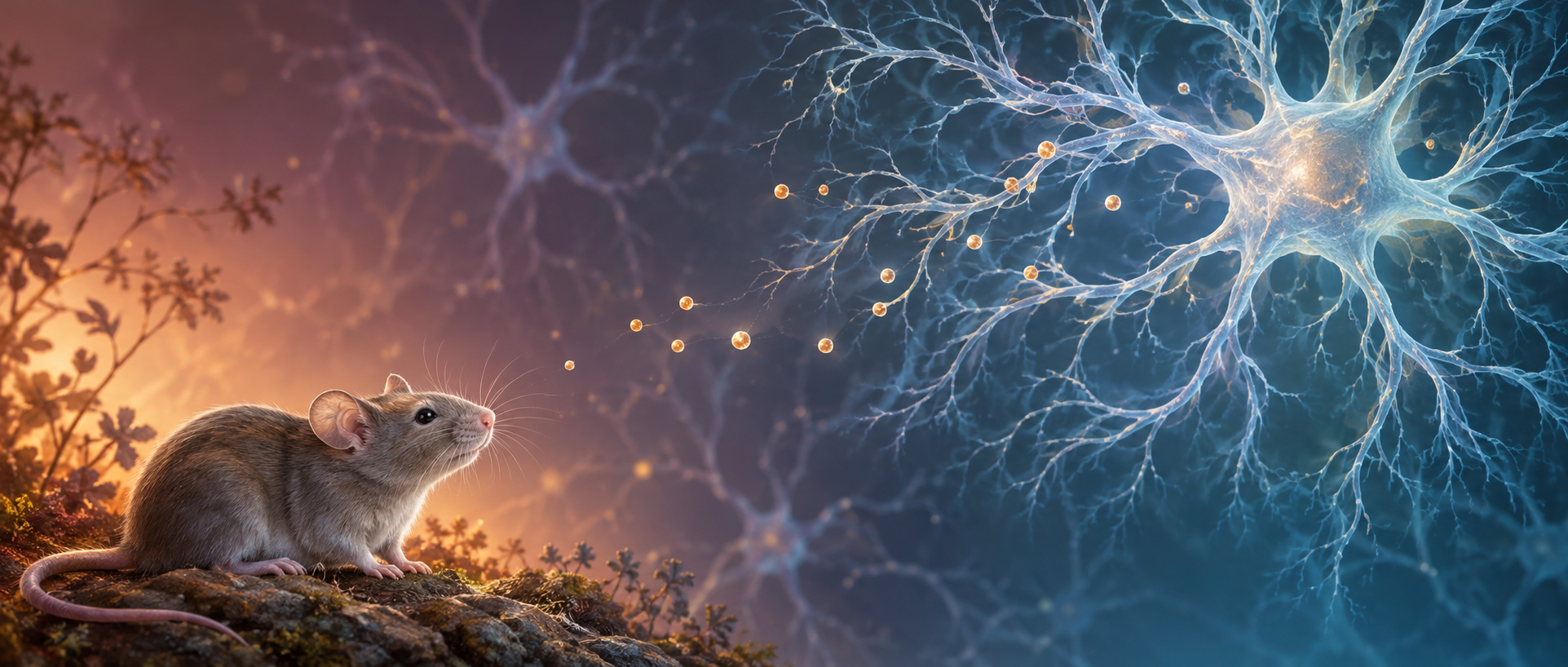 AI concept illustration of a mouse, an astrocyte and adenosine signaling, with warm-to-cool colors evoking a temperature change.