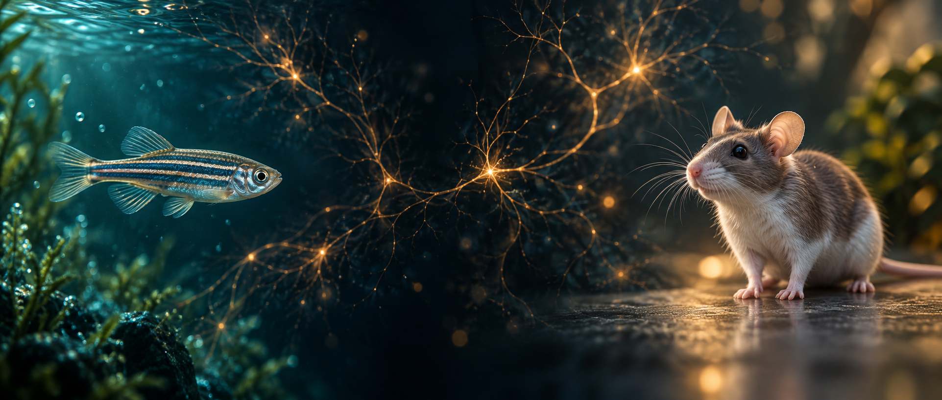 AI concept illustration of an alert zebrafish and mouse with an abstract neural network, evoking cross-species serotonergic regulation.